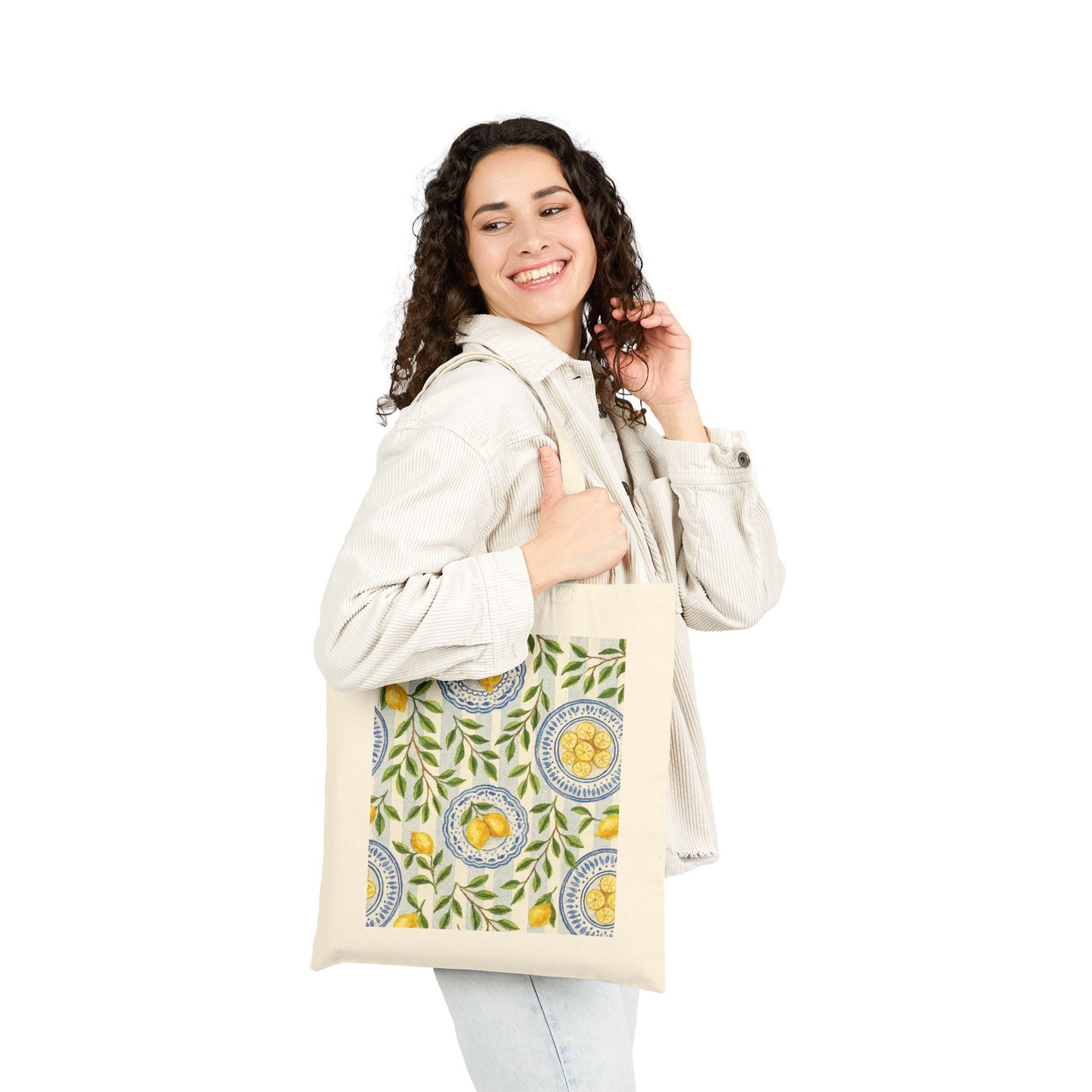 Lemon Pattern Cotton Canvas Tote Bag, Eco-Friendly Shopping Bag, Reusable Grocery Bag, Beach Tote, Gifts for Her