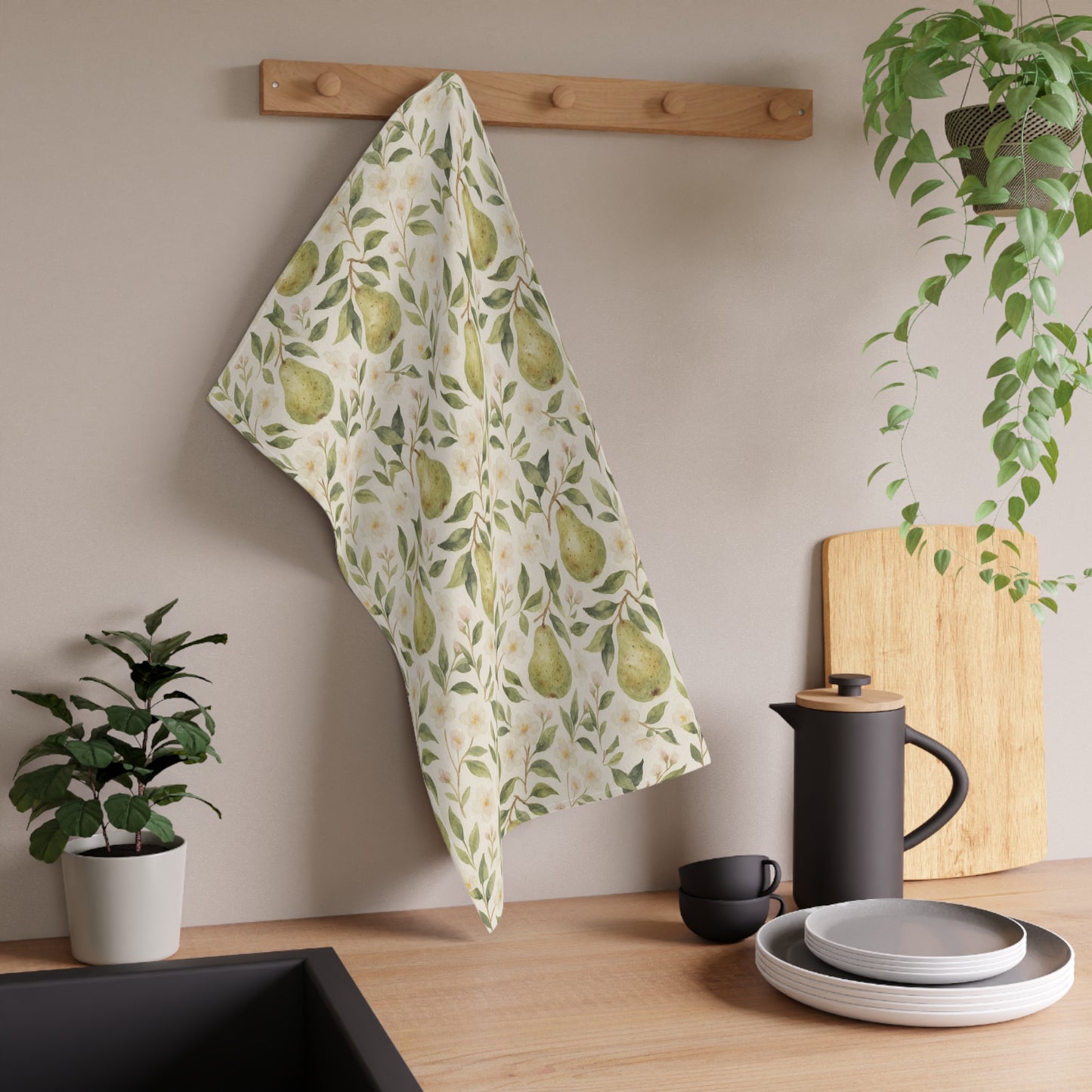 Elegant Pear Print Tea Towels, Kitchen Decor, Cotton and Poly Towels, Gift for Home Chefs, Botanical Kitchen Accessories