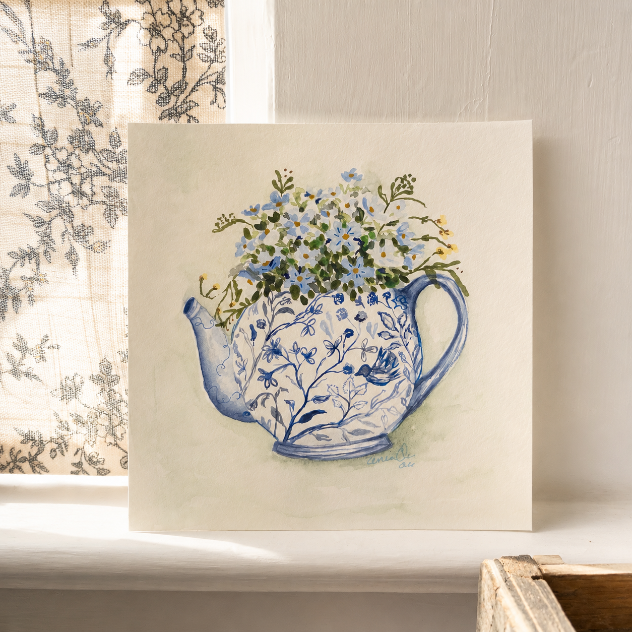“Forget-Me-Not Teapot” – Original 7x7 Watercolor & Gouache Painting