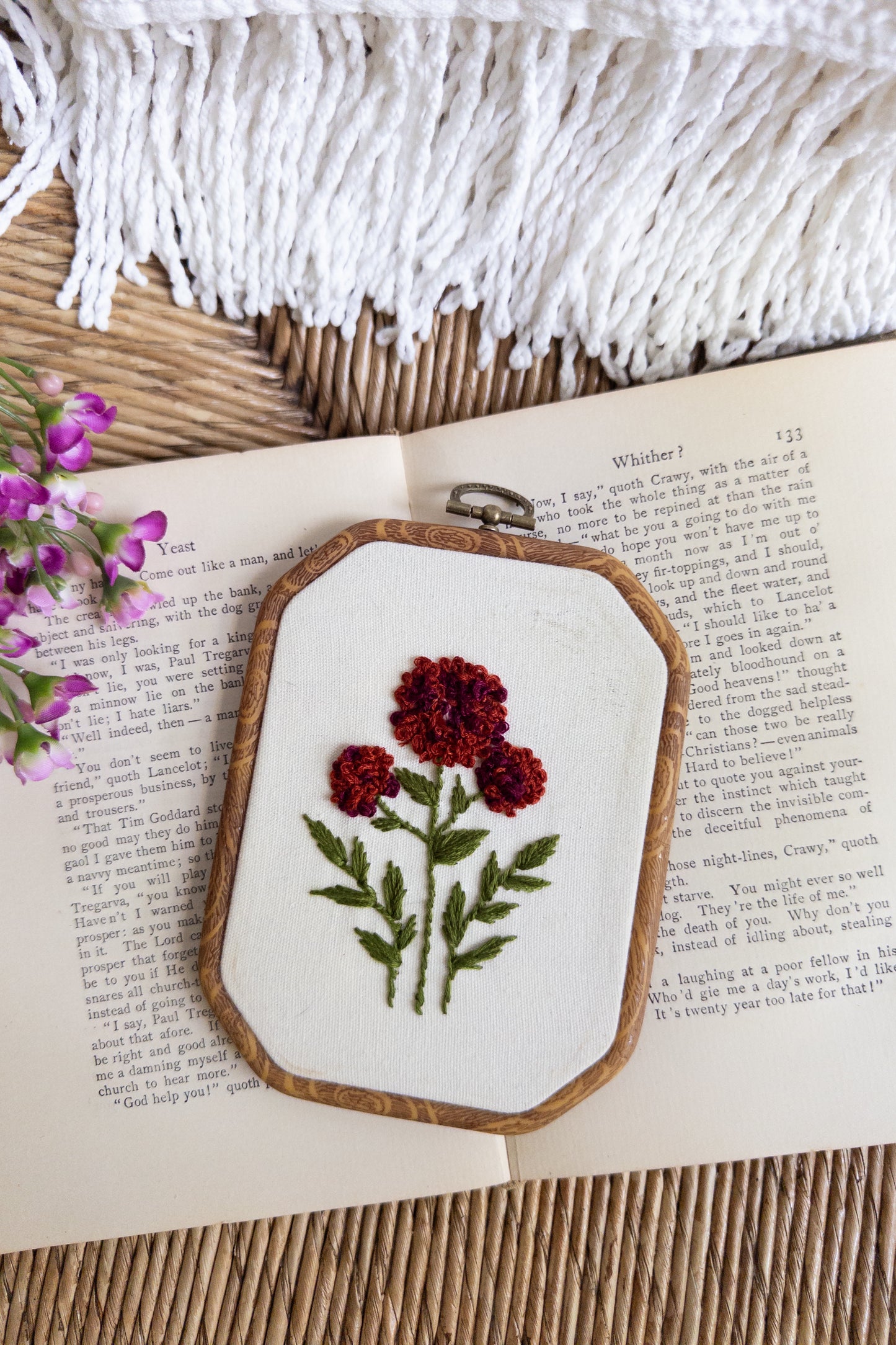 Crimson Clover Embroidery Hoop Art – 5 x 7 Original