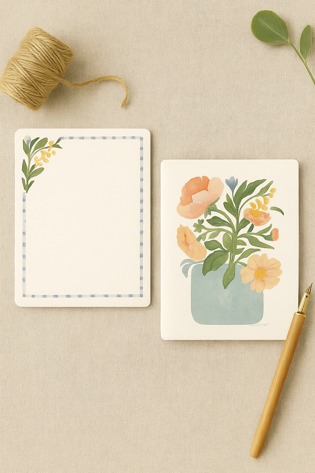 Bloom and Gingham Stationery Set — 5 Flat Cards (4x 5”)