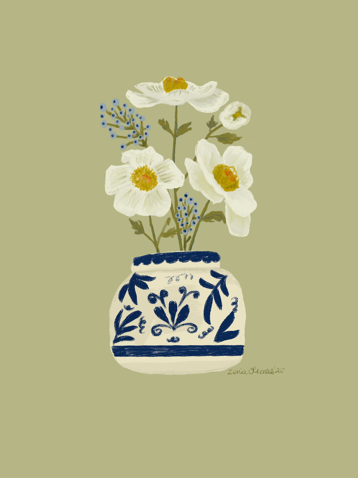 Off White Florals in Blue Vase -Digital Art Series
