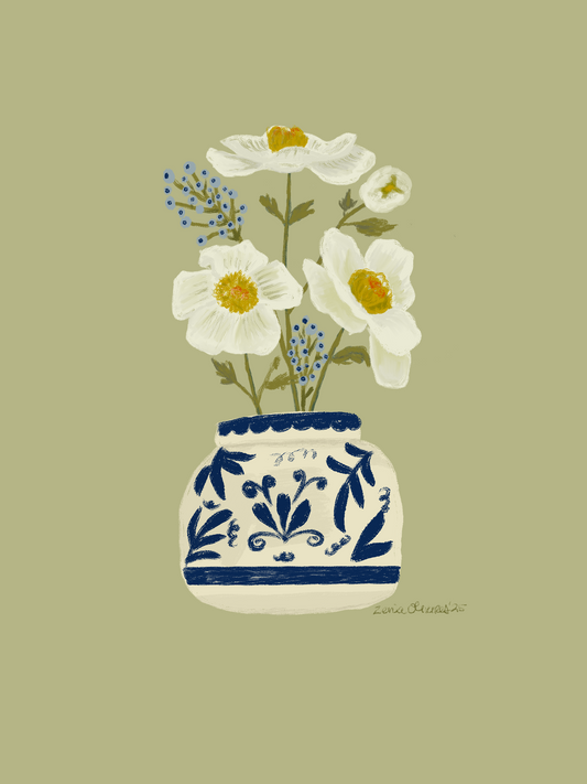 Off White Florals in Blue Vase -Digital Art Series