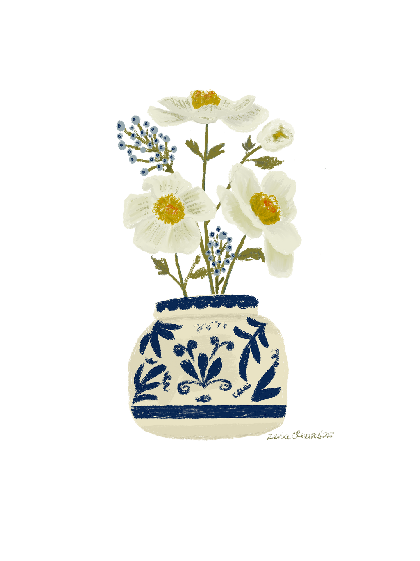 Off White Florals in Blue Vase -Digital Art Series