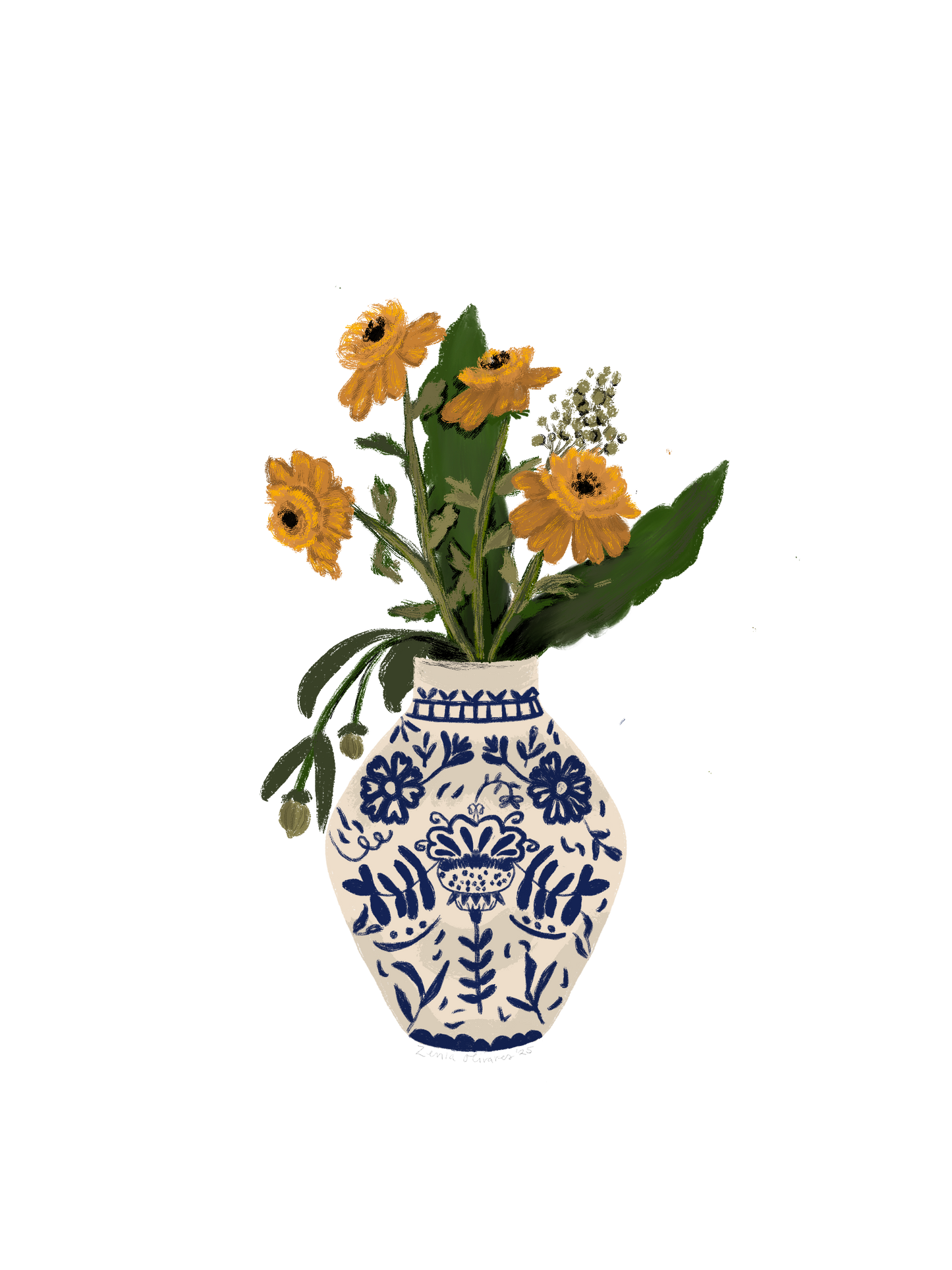 Marigolds in Blue Vase- Digital Art Series