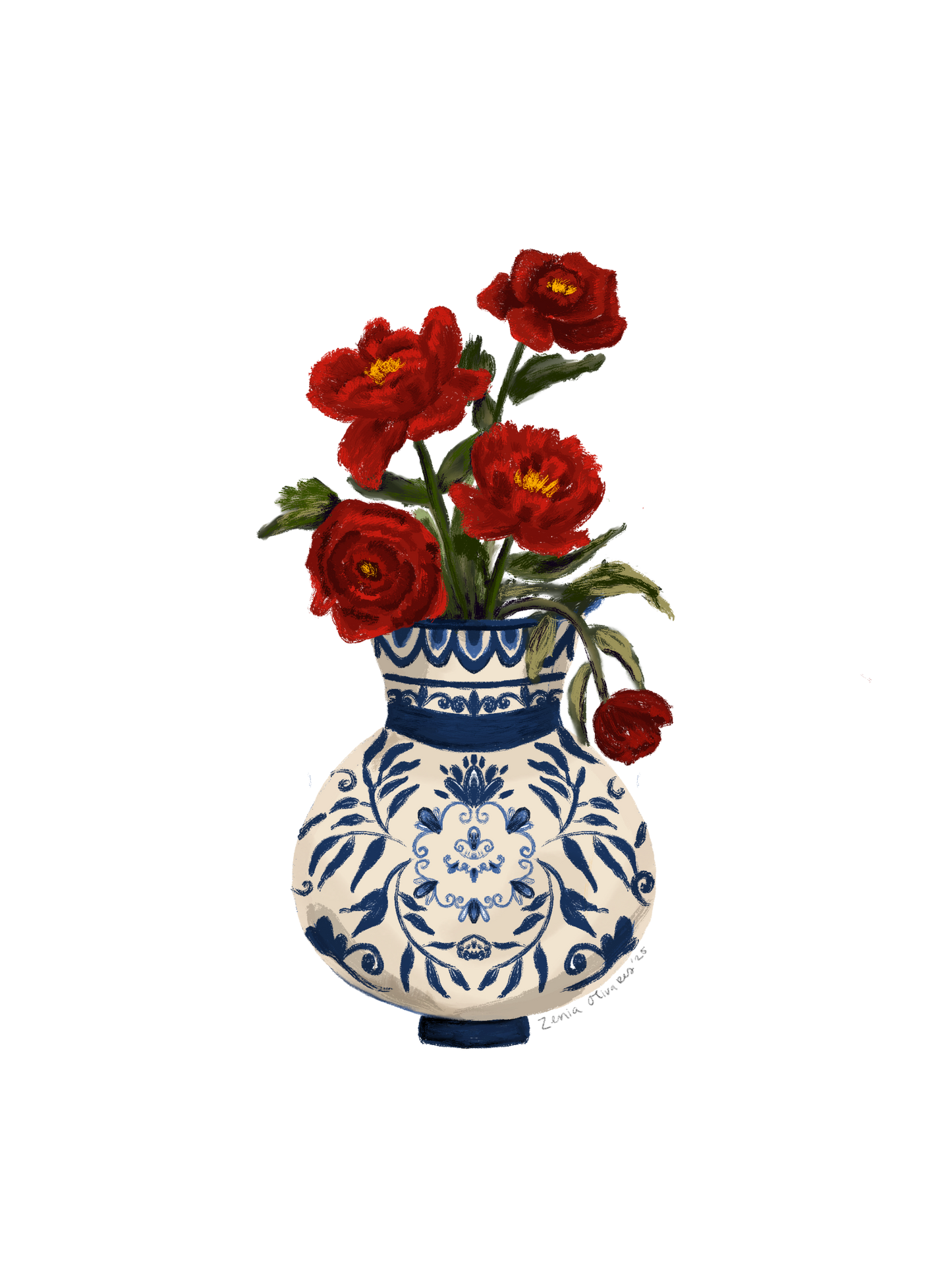 Red Florals in Blue Vase - Digital Art Series