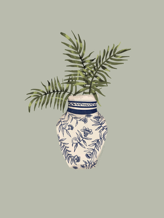 Palm leaves in Blue Vase - Digital Art