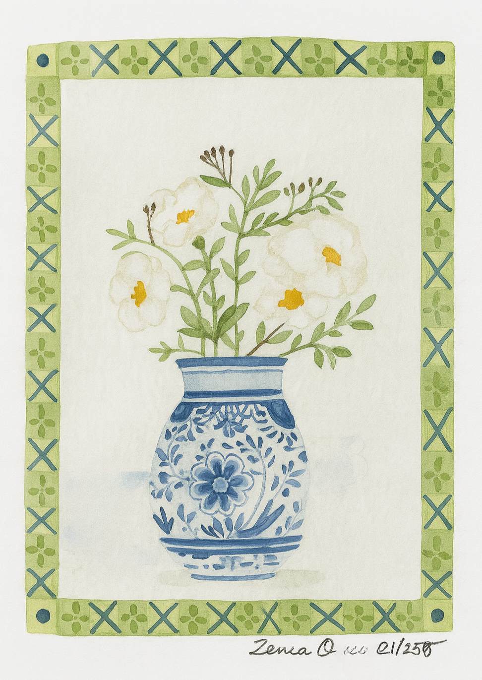 Flowers in Delft – Digital Watercolor Print of Blue Vase with Florals