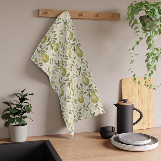 Elegant Pear Print Tea Towels, Kitchen Decor, Cotton and Poly Towels, Gift for Home Chefs, Botanical Kitchen Accessories