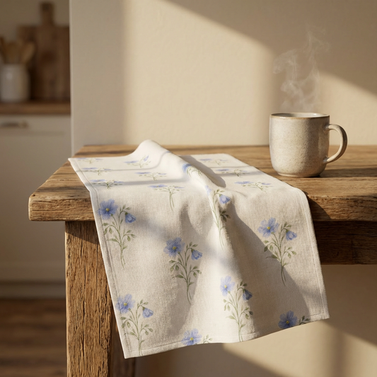 Floral Tea Towel — Blue Wildflower Cotton Kitchen Towel