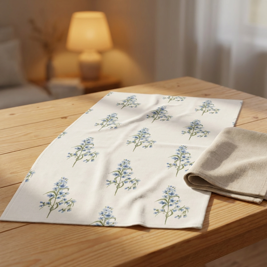 Blue Floral Tea Towel — Cottage Kitchen Cotton Tea Towel, Delicate Forget-Me-Not Pattern