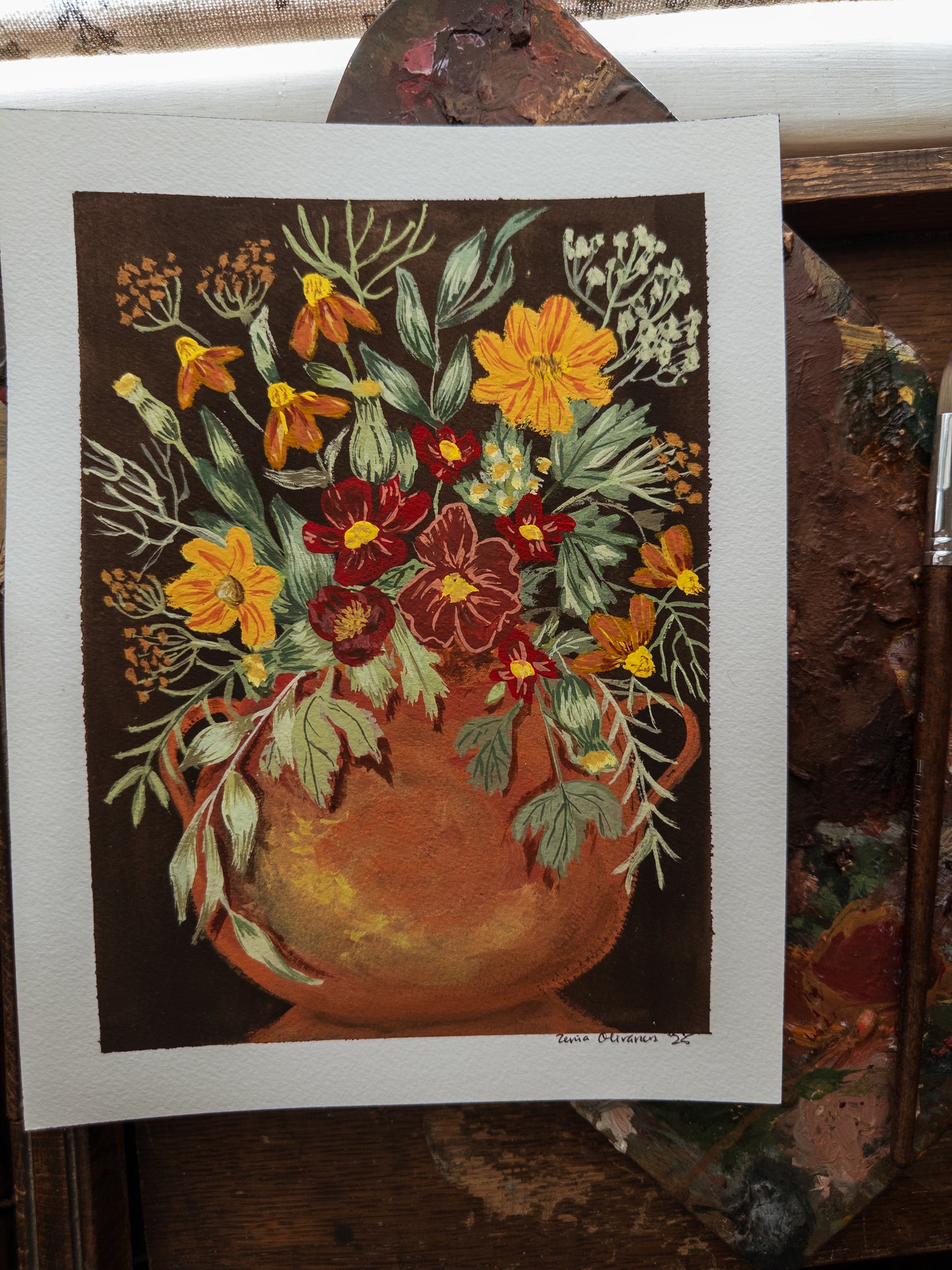 “Marigolds in Earthen Vase” – (5x7 Print)
