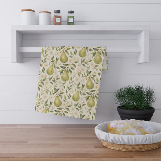 Elegant Pear Print Tea Towels, Kitchen Decor, Cotton and Poly Towels, Gift for Home Chefs, Botanical Kitchen Accessories