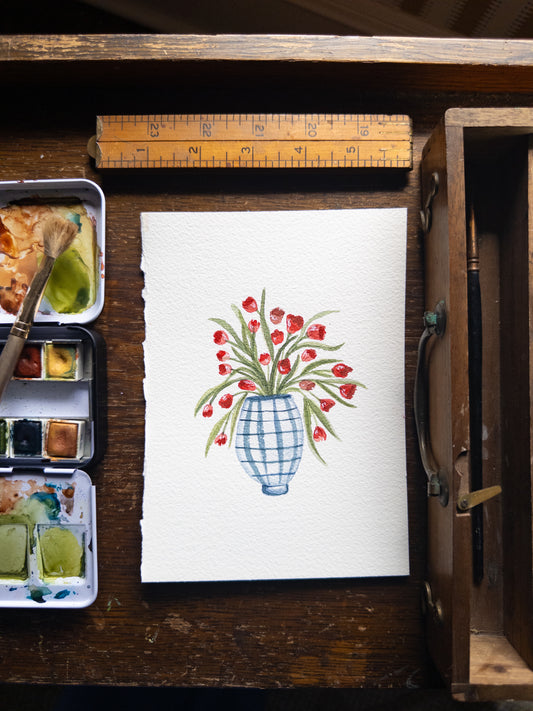 Red Tulips in Vase Watercolor