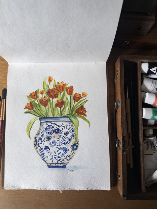 Tulips in Blue Vase - Watercolor Original