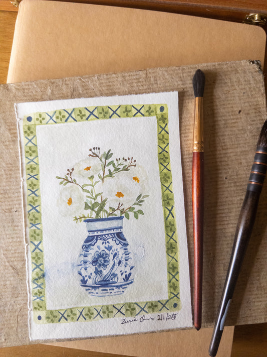 Blue Vase & Cosmos - Original Watercolor