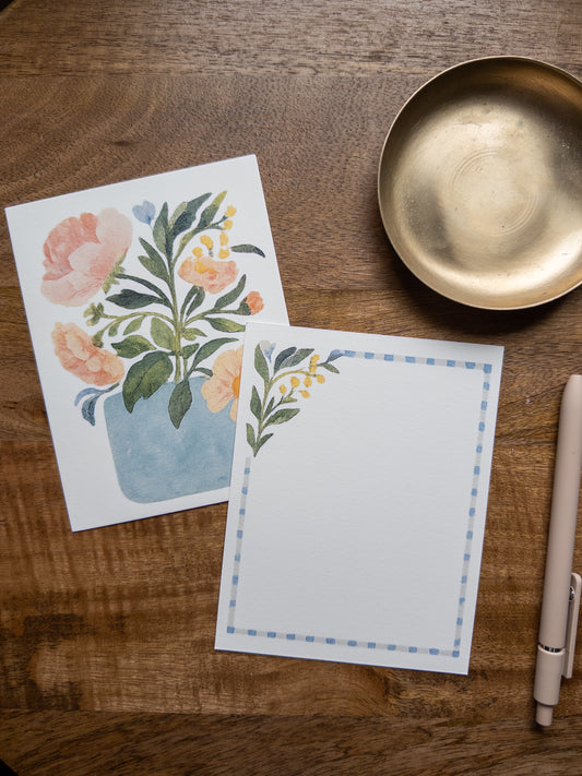 Bloom and  Gingham Stationery Set — 5 Flat Cards (4x 5”)