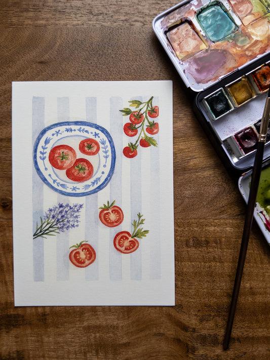 “Heirloom & Herb” – Cottage Kitchen Tomato Watercolor (5x7)