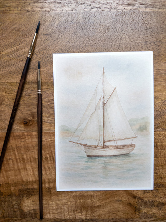Morning Tide – Coastal Watercolor Sailboat Print (5x7)
