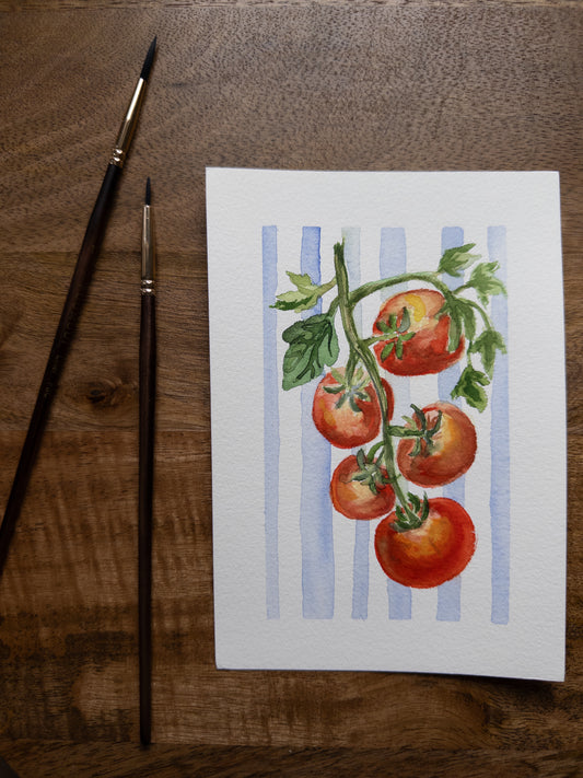 “Tomatoes on the Line” – Original Watercolor Painting (5x7)