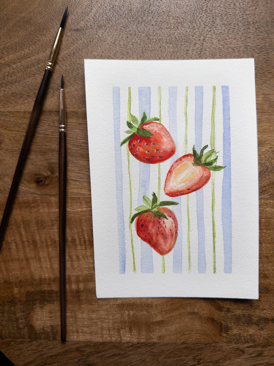 “Strawberries & Stripes” – Original Watercolor Fruit Painting (5x7)