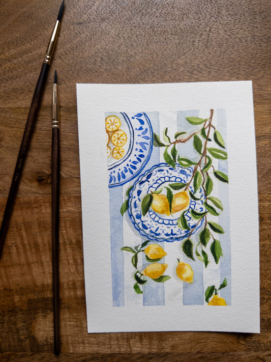 Porcelain Grove – Original Watercolor Lemon Painting (5x7)