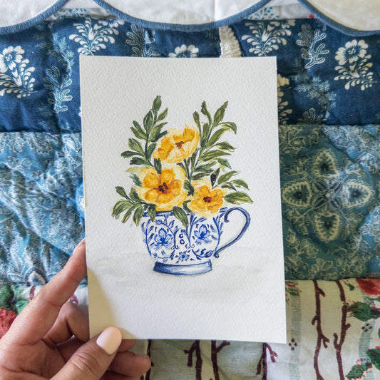 “Golden Teacup Bouquet” – Original 5x7 Watercolor Painting