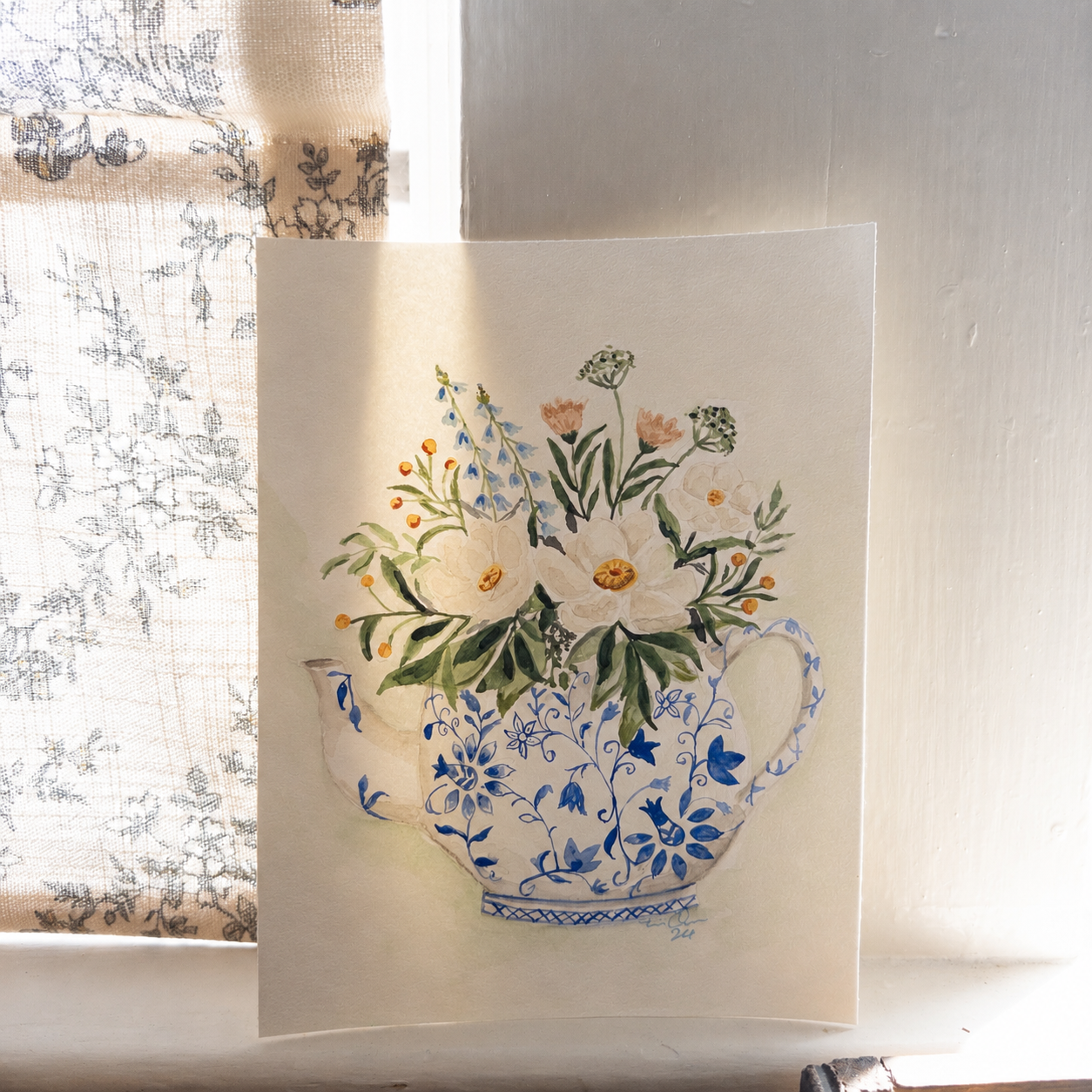 “Heirloom Garden Teapot” – Original Watercolor & Gouache Painting 8x7
