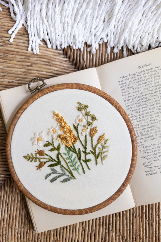 Golden Meadow Embroidery Hoop Art – 6 Inch Framed Original