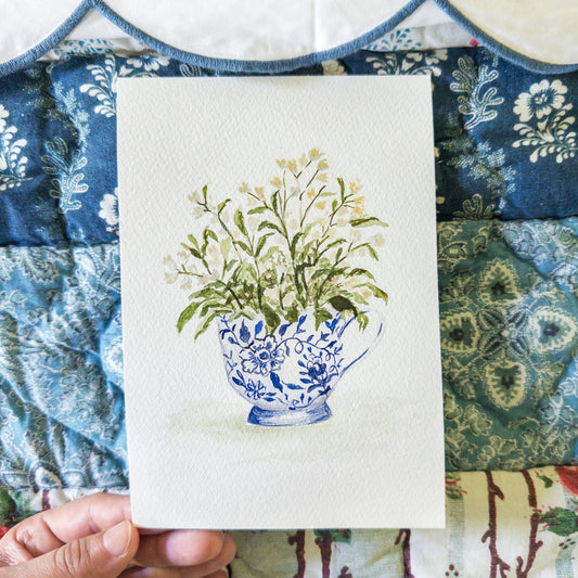 “Wild Meadow Teacup” – Original 5x7 Watercolor Painting