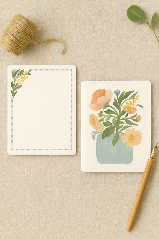 Bloom and  Gingham Stationery Set — 5 Flat Cards (4x 5”)