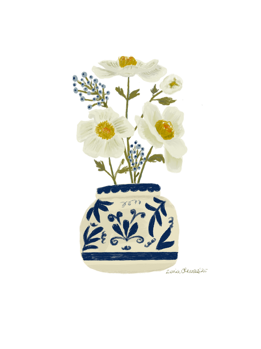 Off White Florals in Blue Vase -Digital Art Series