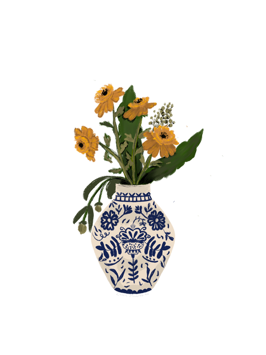 Marigolds in Blue Vase- Digital Art Series