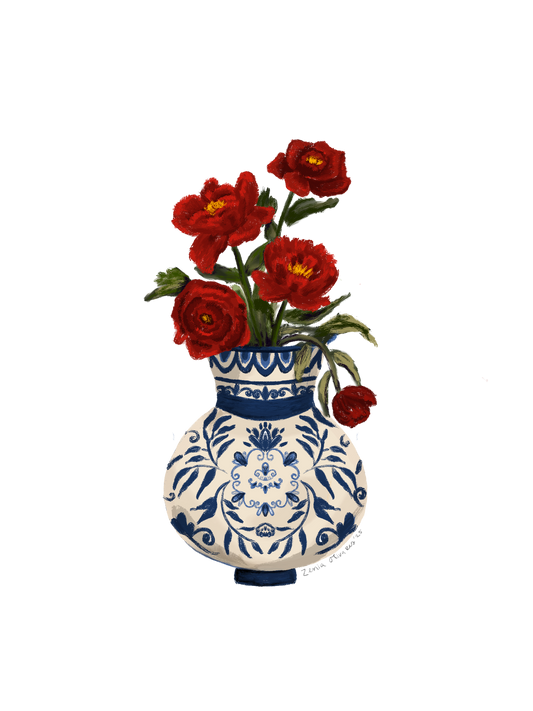 Red Florals in Blue Vase - Digital Art Series