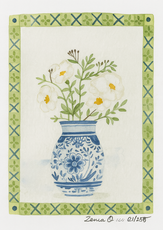 Flowers in Delft – Watercolor Print of Blue Vase with Florals 5x7